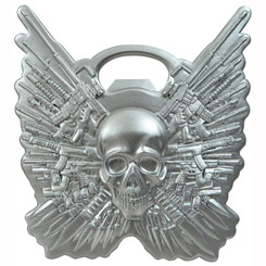Abridor de botellas con la forma del logo de Los Mercenarios “The Expendables”, realizado en metal a presión.