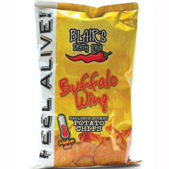 Pack compuesto por dos bolsas de American Death Rain Buffalo Wing Flavour Potato Chips de 141 g.