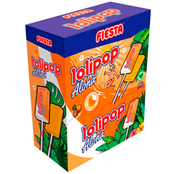 Caja de 100 unidades de las deliciosas Lolipop Aloha con sabor a frutas tropicales de la casa Fiesta. El masticable que hará las delicias de los pequeños y no tan pequeños de la casa. 