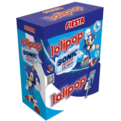 Caja de 100 unidades de las deliciosas Lolipop de Sonic con sabor a sandía de la casa Fiesta. Caramelo extrablando con palito y gran sabor a deliciosa sandía. El masticable que hará las delicias de los pequeños y no tan pequeños