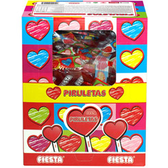 Caja de 80 unidades de las deliciosas Piruletas con forma de Corazón y sabor a Cereza de la casa Fiesta. La piruleta original que todo el mundo conoce. Con el irresistible sabor cereza de Fiesta