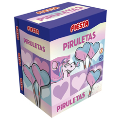 Caja de 80 unidades de las deliciosas Piruletas con forma de Corazón y sabor a algodón de azúcar de la casa Fiesta. La piruleta original que todo el mundo conoce. Piruletas Unicorn con el irresistible sabor algodón de azúcar de Fiesta.