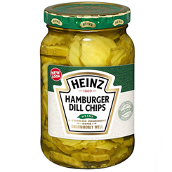 Bote Heinz Hamburger Dill Chips tart dill taste. Las rodajas de pepinillo Heinz son ideales para las hamburguesas. Los puristas dicen que incluso una Burger sin rodajas de pepinillo Heinz