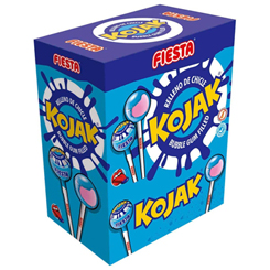 Caja de 100 unidades de Kojak de Pintalenguas con delicioso sabor a mora. Disfruta de los famosos Kojak Pintalenguas, el caramelo más entrañable de la casa Fiesta, 