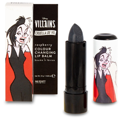 Bálsamo labial de la malvada Cruella de Vil, un recipiente moldeado exclusivamente para las más malvadas con fórmula mágica de bálsamo labial que cambia de color de negro a rojo.