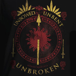 Camiseta Oficial Unbroken basada en la serie de Televisión de Juego de Tronos. Disfruta con esta camiseta de la Casa Martell con la leyenda Unbowed – Unbent - Unbroken. 