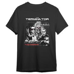 El futuro se viste de negro y metal, y esta camiseta Terminator adulto lo deja grabado con un diseño tipo póster que impone: composición en blanco y negro con estética retro, el icónico endoesqueleto con mirada roja
