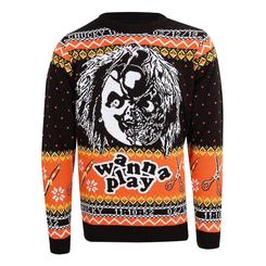 Precioso jersey de Navidad de Chucky  basado en el popular personaje de Childs Play. Este simpático suéter está realizado en 100% acrílico. Pon un toque de magia a la temporada de Navidad 