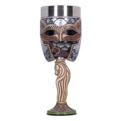 Copa oficial de Rohan basada en la saga de El Señor de los Anillos. Disfruta de esta elegante copa con unas dimensiones aproximadas de 18 x 9 x 9 cm., realizada en acero inoxidable y resina. 