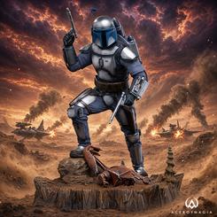 Estatua de Jango Fett de Star Wars de Iron Studios a escala 1/10. Presenta al cazarrecompensas con armadura mandaloriana, jetpack y sus dos pistolas WESTAR-34 sobre una base temática.