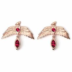 Embellece tus orejas con los encantadores Pendientes de Fénix Fawkes en Oro Rosa de Harry Potter. Estos pendientes de Plata de Ley chapados en oro rosa están inspirados en Fawkes y adornados con un cristal rojo central y una pluma de cola