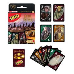 Juego cartas UNO El Señor de los Anillos para mayores de 7 años, con personajes de las películas y la regla especial “La búsqueda del anillo”, que puede obligar a otros jugadores a robar cartas.