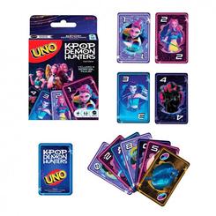 Juego cartas UNO K-Pop Demon Hunters para 2 a 10 jugadores desde 7 años. Incluye una regla especial y un diseño temático con las Guerreras K-Pop y otros personajes de la película.