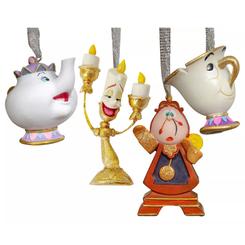Set de 4 adornos de Navidad de La Bella y la Bestia Disney con Sra. Potts, Chip, Lumière y Din Don. Cada personaje incluye cinta para colgar y conserva una silueta fácilmente reconocible.