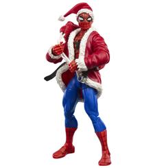 Figura The Amazing Spider-Man Marvel Legends Series de 15 cm fabricada por Hasbro. Incluye 8 accesorios, entre ellos manos alternativas, gorro de Papá Noel y bolsa de tela, y se presenta en caja con ventana de decoración festiva.