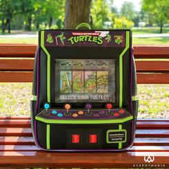 Revive la emoción de los videojuegos clásicos con la mochila 40th Anniversary Vintage Arcade de Tortugas Ninja by Loungefly. Esta mochila, con licencia oficial, es un tributo a la nostalgia y la aventura de los juegos arcade de antaño.
