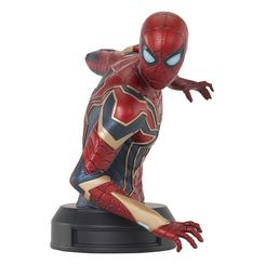 Descubre la impresionante figura del Iron Spider-Man de Vengadores: Infinity War. Este busto de poliresina, a escala 1/6 y con una altura de 15 cm, destaca por su detallado acabado y pintura a mano. 