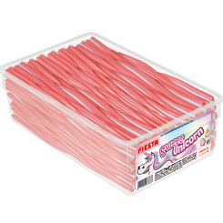 Caja de 60 trenzas Sweet Unicorn. Genial combinación de trenzas  de regaliz relleno de algodón de azúcar sabor fresa. Cada pieza es una combinación perfecta entre el delicioso regaliz y el relleno de algodón de azúcar.