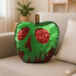 Precioso cojín con la forma de la manzana envenenada que le da la bruja a Blancanieves, este precioso cojín está realizado en 100% polyester y tiene unas dimensiones aproximadas de 30 x 30 cm.