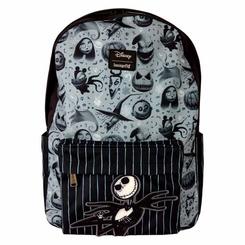 Envuelve tu día a día en la magia oscura de Halloween con esta mochila de nylon inspirada en “Pesadilla antes de Navidad” que combina la elegancia gótica de Jack Skellington 