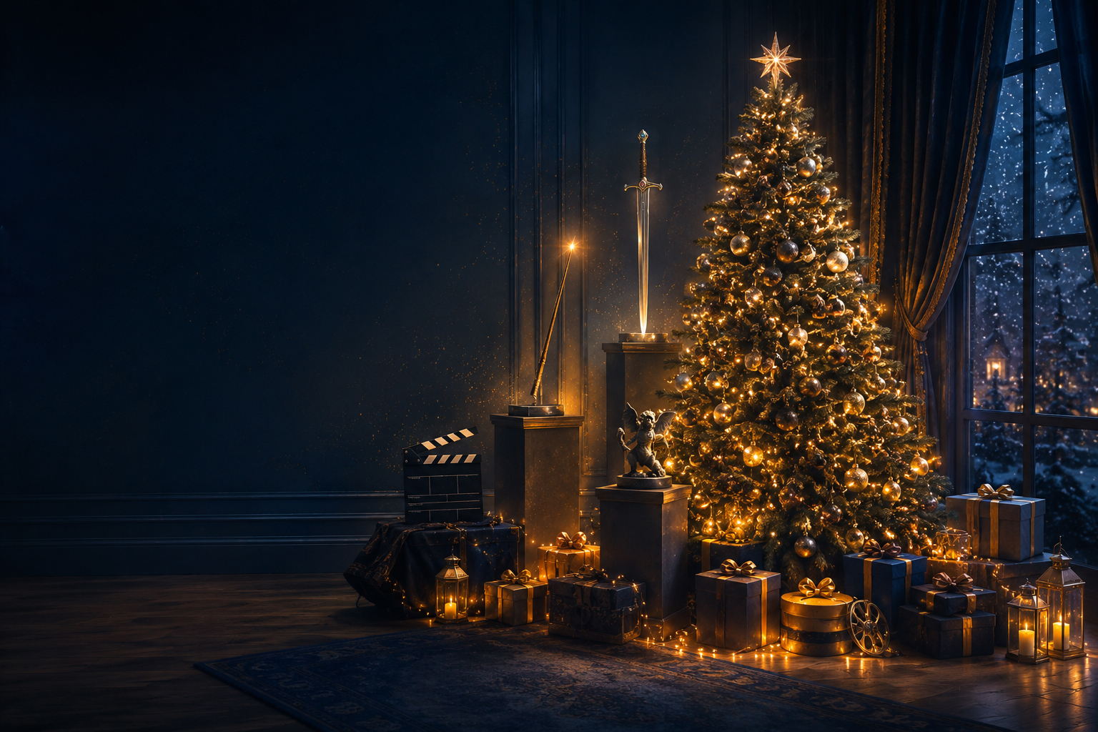 Ambiente navide&ntilde;o de Acero y Magia con &aacute;rbol iluminado y regalos