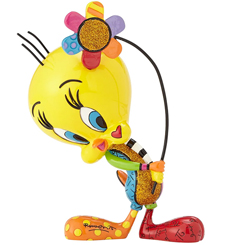 Figura de Piolín el adorable canario amarillo, muy feliz y sosteniendo una bonita flor. Cada figura de Looney Tunes by Britto, decorada en estilo pop art por el artista
