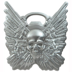 Abridor de botellas con la forma del logo de Los Mercenarios “The Expendables”, realizado en metal a presión.