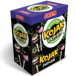Caja de 100 unidades de Kojak Power con Guaraná. Disfruta de los famosos Kojak con un sorpréndete sabor a refresco energético, el caramelo más entrañable de la casa Fiesta,