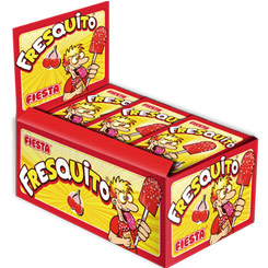 Caja de 40 sobres de Fresquito Cereza de la casa Fiesta. Divertidos sobrecitos de caramelo con palo sabor cereza y polvito ácido para mojar.