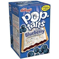 Paquete de Kellogg's Pop Tarts Frosted Blueberry deliciosa galleta rellena de crema de arándanos con un delicioso glaseado.