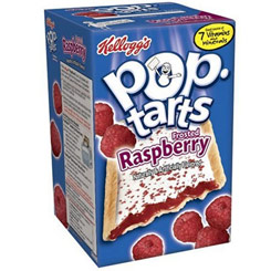 Paquete de Kellogg's Pop Tarts Frosted Raspberry deliciosa galleta rellena de confitura de frambuesa y cubierto de glaseado de frambuesa.