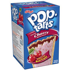 Paquete de Kellogg's Pop Tarts Frosted Cherry relleno de confitura de cereza y cubierta con glaseado de cereza y trocitos de caramelo de cereza.
