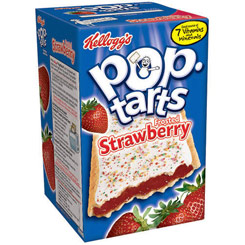 Paquete de Kellogg's Pop Tarts Frosted Strawberry relleno de confitura de fresa y cubierta con glaseado de fresa.