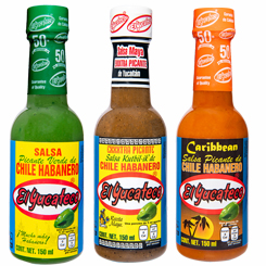Pack de 3 salsas El Yucateco compuesto por un bote de Salsa habanera verde, un bote de Salsa habanera Kutbil-Ik® y un bote de Salsa habanera Caribbean. Ponle un toque de saber mexicano con estas deliciosas salsas. 