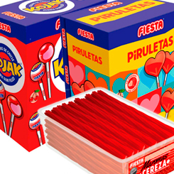 Pack compuesto por una caja de Kojak, una caja de 80 Piruletas de Cereza con forma de Corazón y una caja de 60 Maromas de cereza. El pack perfecto para cumpleaños, maratones de cine y de series. 