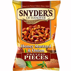 Deliciosos trocitos de Pretzels (galletitas saladas) con un espectacular sabor a Mostaza con Miel y Cebolla.