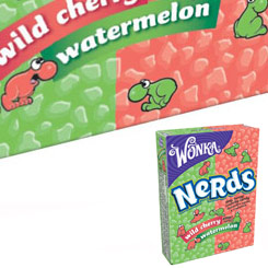 Pack compuesto por 2 cajitas de Wonka Nerds Watermelon & Wild Cherry de 46,7 gr. con sabores de Sandia y Cereza Salvaje.