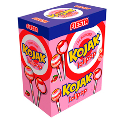 Caja de 100 unidades de Kojak de Cereza. Disfruta de los famosos Kojak Cereza, el caramelo más entrañable de la casa Fiesta, con un delicioso e inigualable sabor a cereza y además está relleno de Lolipop. 