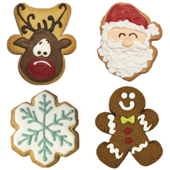 Pack de galletas de Navidad. Este simpático pack está compuesto por una galleta con forma de Santa, una galleta con forma de hombre de jengibre, otra galleta con la forma de Rudolf y una galleta en forma de copo de nieve.