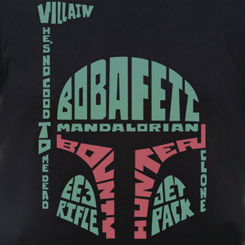 Camiseta Oficial con la reconstrucción un casco de Boba Fett a partir de textos utilizados en la popular saga “Star Wars” de George Lucas.