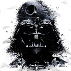 Camiseta Oficial con la reconstrucción del casco de Darth Vader a partir de la Estrella de la Muerte y de varias de las naves utilizadas en la popular saga “Star Wars” de George Lucas.