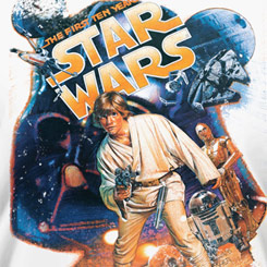Camiseta de Star Wars diseñada en 1987 para celebrar los primeros diez años de la saga de George Lucas. Esta estupenda reposición se ha creado partiendo de los originales utilizados para el evento de 1987.