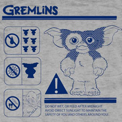 Camiseta de la Mogwai Warning basada en la película de los Gremlins. Disfruta con está camiseta y recuerda las reglas de no mojarlo, no exponerlo a luz intensa...