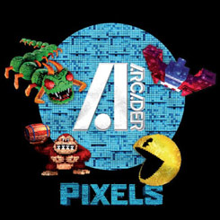 Camiseta Oficial de la película Pixel Arcader formada por algunos de los personajes icónicos de los videojuegos de los años 80 como Pac-Man, Donkey Kong, Centipede…