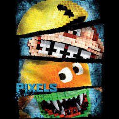 Camiseta Oficial de la película Pixel formada por algunos de los personajes icónicos de los videojuegos de los años 80 como Pac -Man, Donkey Kong, Centipede…