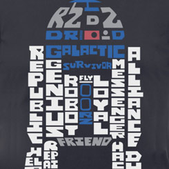 Camiseta Oficial con la reconstrucción de R2-D2 a partir de textos utilizados en la popular saga “Star Wars” de George Lucas.