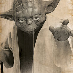 Impresionante Póster realizado en madera de Yoda con la famosa frase "May the Force be with You", el Póster tiene un tamaño aproximado de 40 x 60 cm., decora tu espacio preferido con un toque retro.