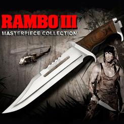 Réplica del cuchillo de Sylvester Stallone en la película “Rambo III”. Incluye certificado de autenticidad y vaina de cuero. El cuchillo esta realizado en acero de 420. Escala 1:1, longitud