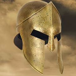 Casco espartano basado en la película de 300. Hecho con los mejores materiales, este increíble casco está hecho de acero, chapado en latón envejecido y completamente forrado en cuero