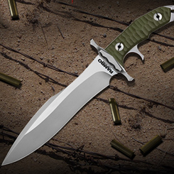 Réplica oficial del cuchillo de Rambo Heartstopper basado en la película de Rambo: Last Blood. El cuchillo tiene una hoja de acero inoxidable templado 7Cr17, 